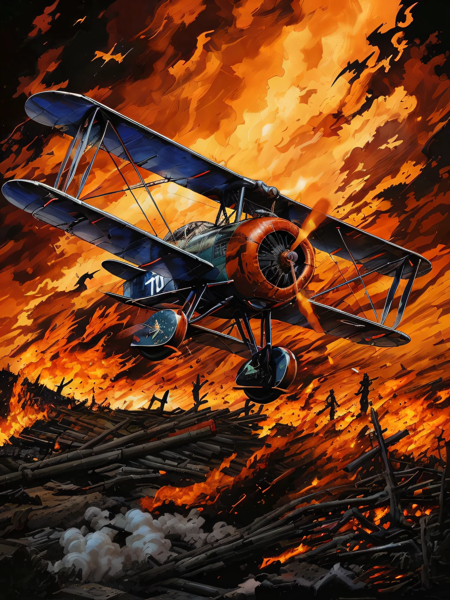 A painting of a biplane flying over a field，The background is flames, author：an illustration of by David B. Mattire, author：Michael Suterfin, author：tim hildebrandt, author：an illustration of by David B. Sorensen, biplane, Embers flying, artwork of a, author：Howard Lyon, author：Joe Yusco, author：Bob Lynnwood, author：Jason Edmiston, Burning battlefield background, Official artwork
