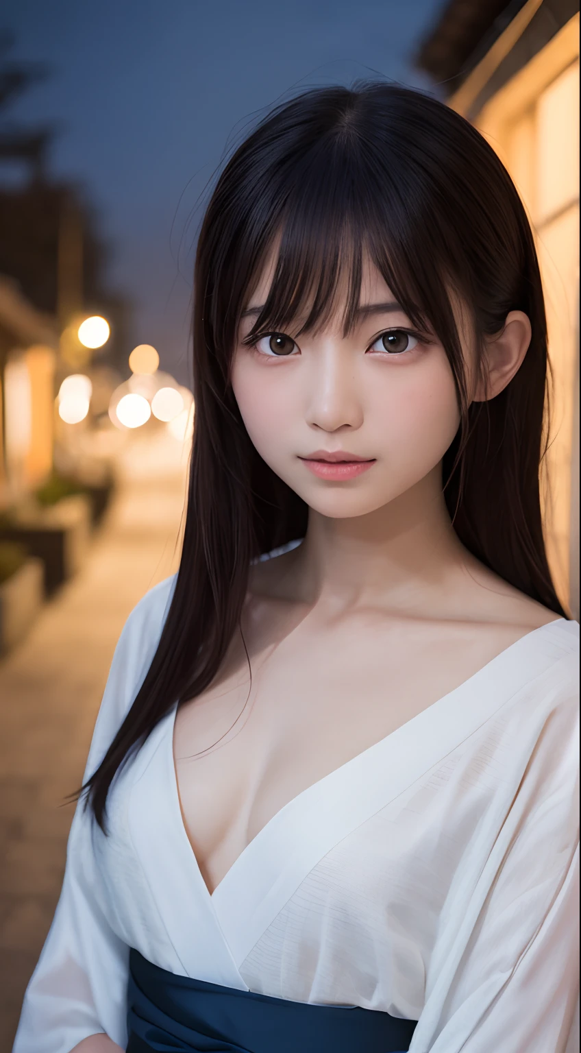 masutepiece, Best Quality, 8K, 8years old, Teen, Raw photo, absurderes, award winning portrait, Smile, Solo, (Night:1.8), Idol face, Delicate girl, Upper body, Digital SLR, Looking at Viewer, Candid, Sophisticated,Thin arms, Professional Lighting, Film grain, chromatic abberation, (Eyes and faces with detailed:1.0), (Kimono:1.1) , closes mouth , A dark-haired , drooing eyes , Average-sized breasts , Shoulder out