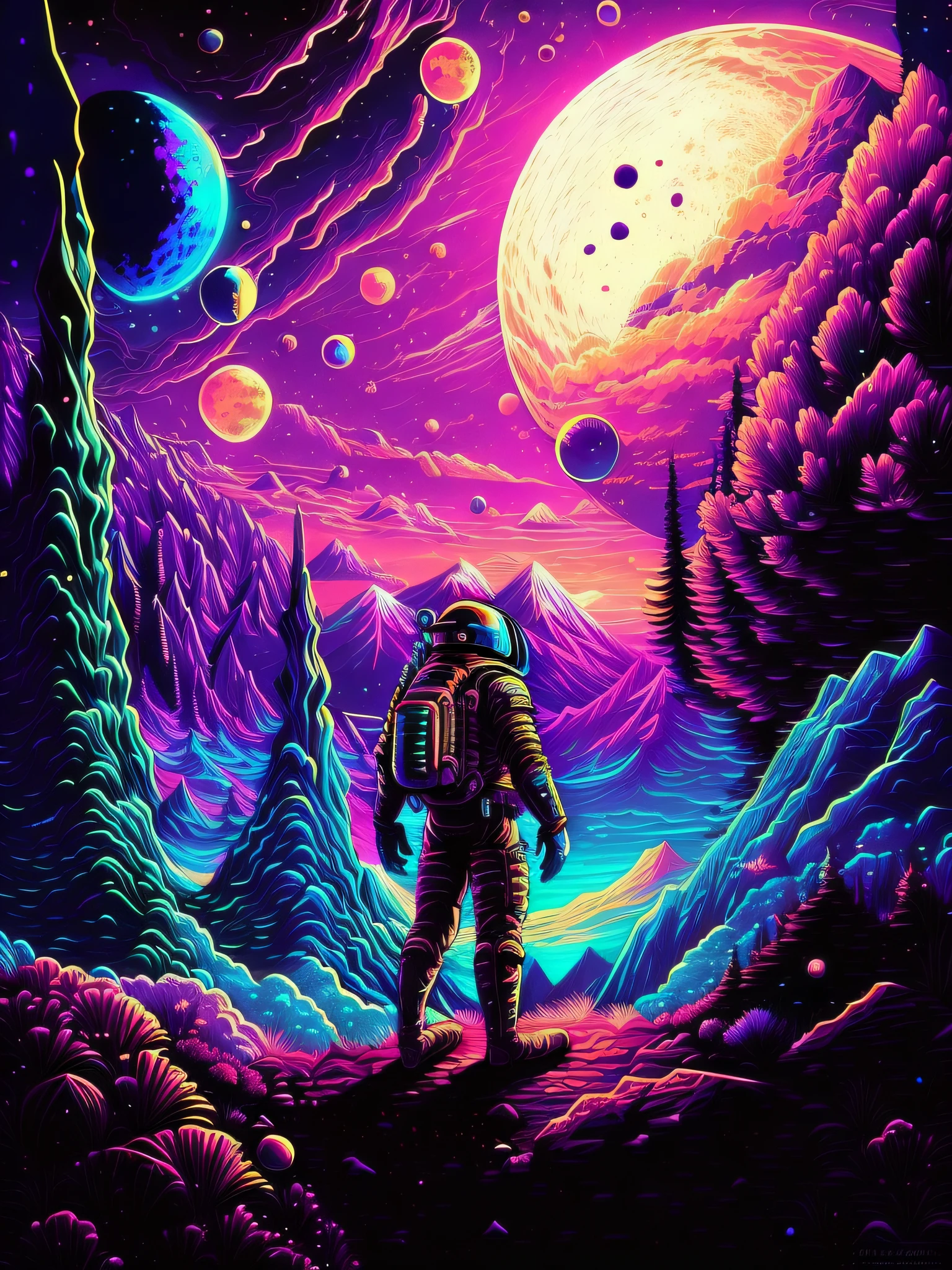 Um homem em um traje espacial está em uma montanha olhando para os planetas, em um planeta alienígena colorido, inspirado em Dan Mumford, E o estilo de arte de Mumford, no estilo dan mumford obra de arte, cores do espaço, Inspirado por Cirilo Rolando,  Astronauta, parado no espaço sideral, Paisagem espacial, espaço surreal, cosmos sem fim no fundo, em outro planeta