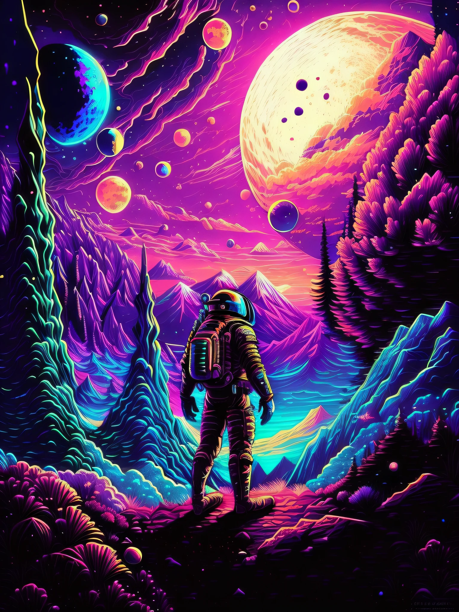 A man in a spacesuit stands on a mountain looking at the planets, in an colorful alien planet, inspired by Dan Mumford, Dan Mumford's art style, in the style dan mumford artwork, space colors, Inspired by Cyril Rolando, lonely astronaut, standing in outer space, Space landscape, Surreal space, cosmos sem fim no fundo, on another planet