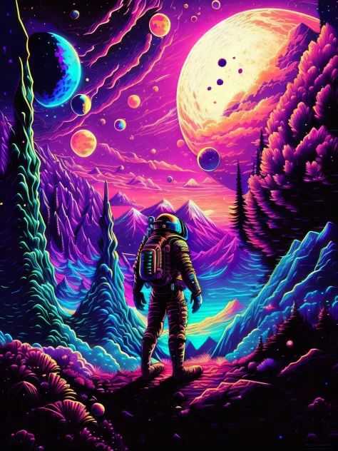 A man in a spacesuit stands on a mountain looking at the planets, in an colorful alien planet, inspired by Dan Mumford, Dan Mumf...