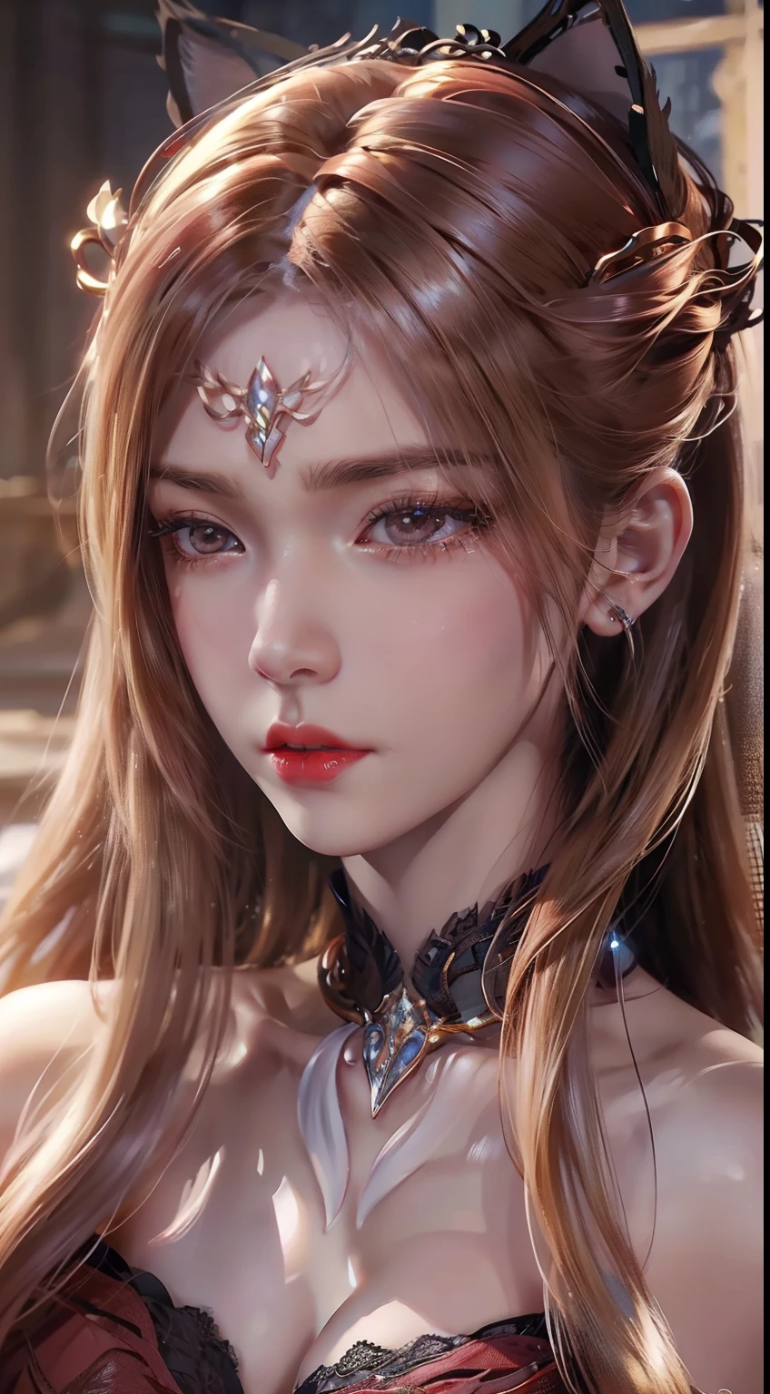 beautifully detailed lips, intense emotion, soft lighting, high resolution, oil painting style, vibrant colors, intricate lace details, tears streaming down her cheeks, long flowing red hair, delicate cat ears, mature and seductive expression