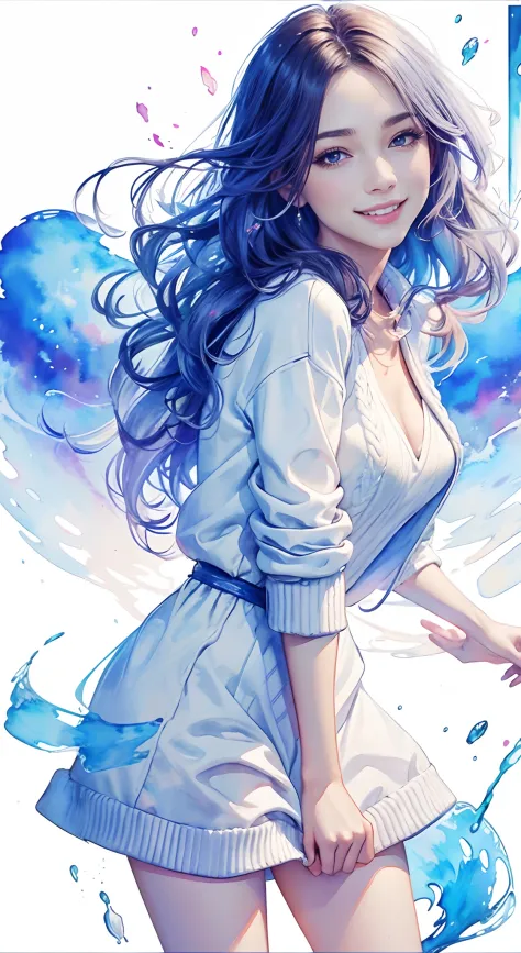 8K,​masterpiece,top-quality,Dynamic Pose,beautiful woman with long hair,Smile:1.6,White Sweater Dress, slim,,watercolor paiting ...