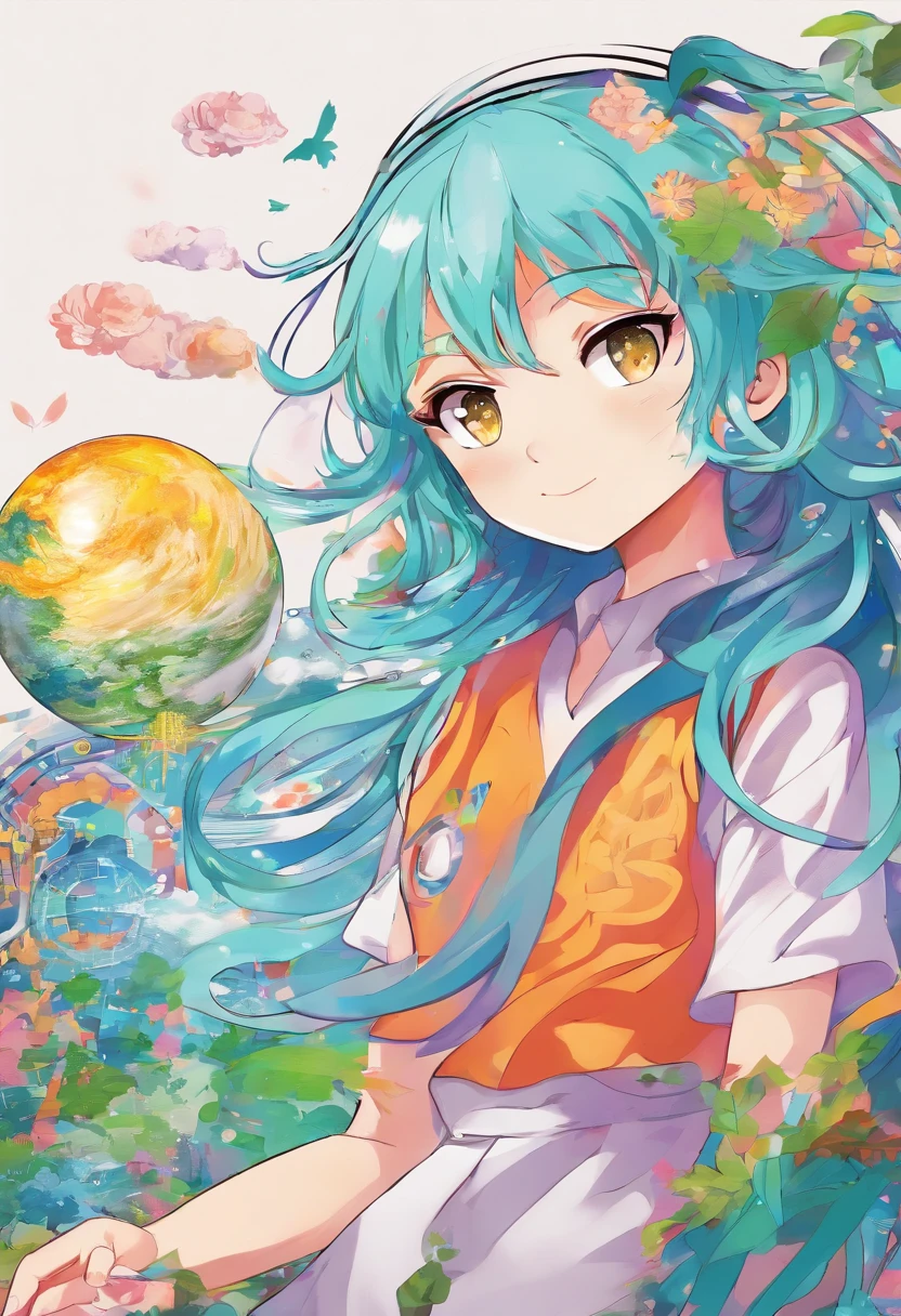 A girl with blue hair and a blue wig is holding a yellow ball - SeaArt AI