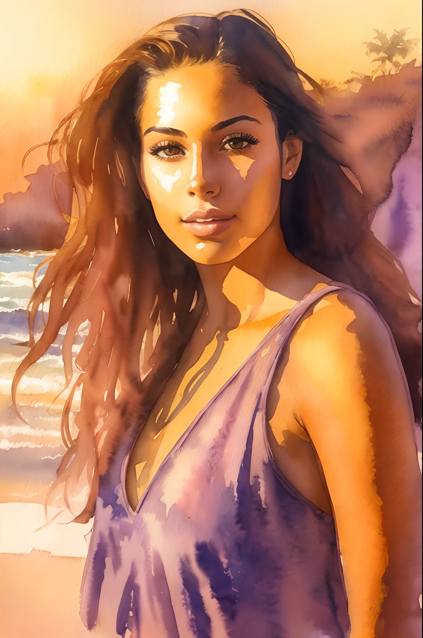 Painting of a woman in a purple dress on a beach - SeaArt AI