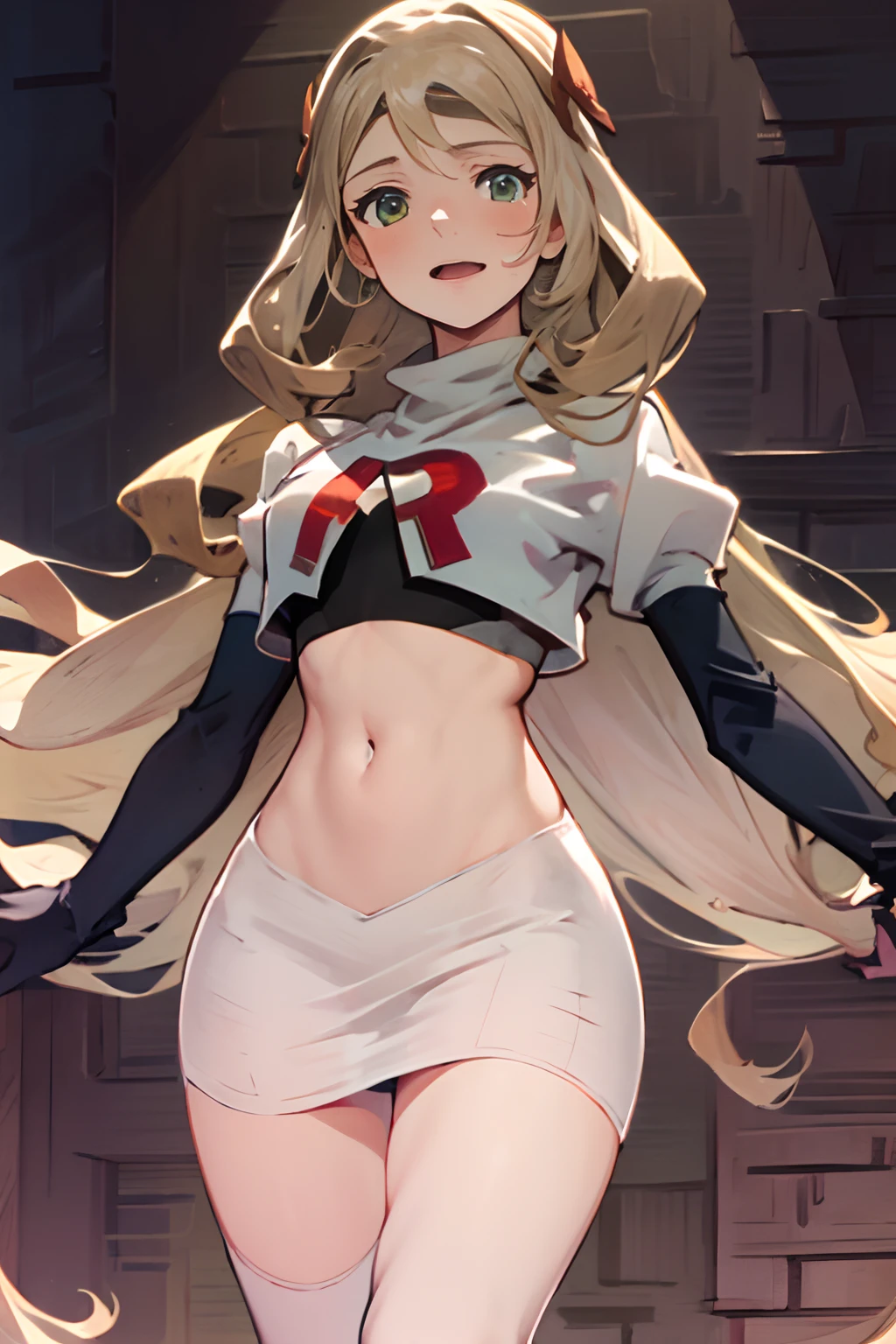 Celine (Fire Emblem),1girl,team rocket,team rocket uniform, red letter R, white skirt,white crop top,black thigh-highs,black elbow gloves, looking down on you, evil laugh, arms out, looking at viewer