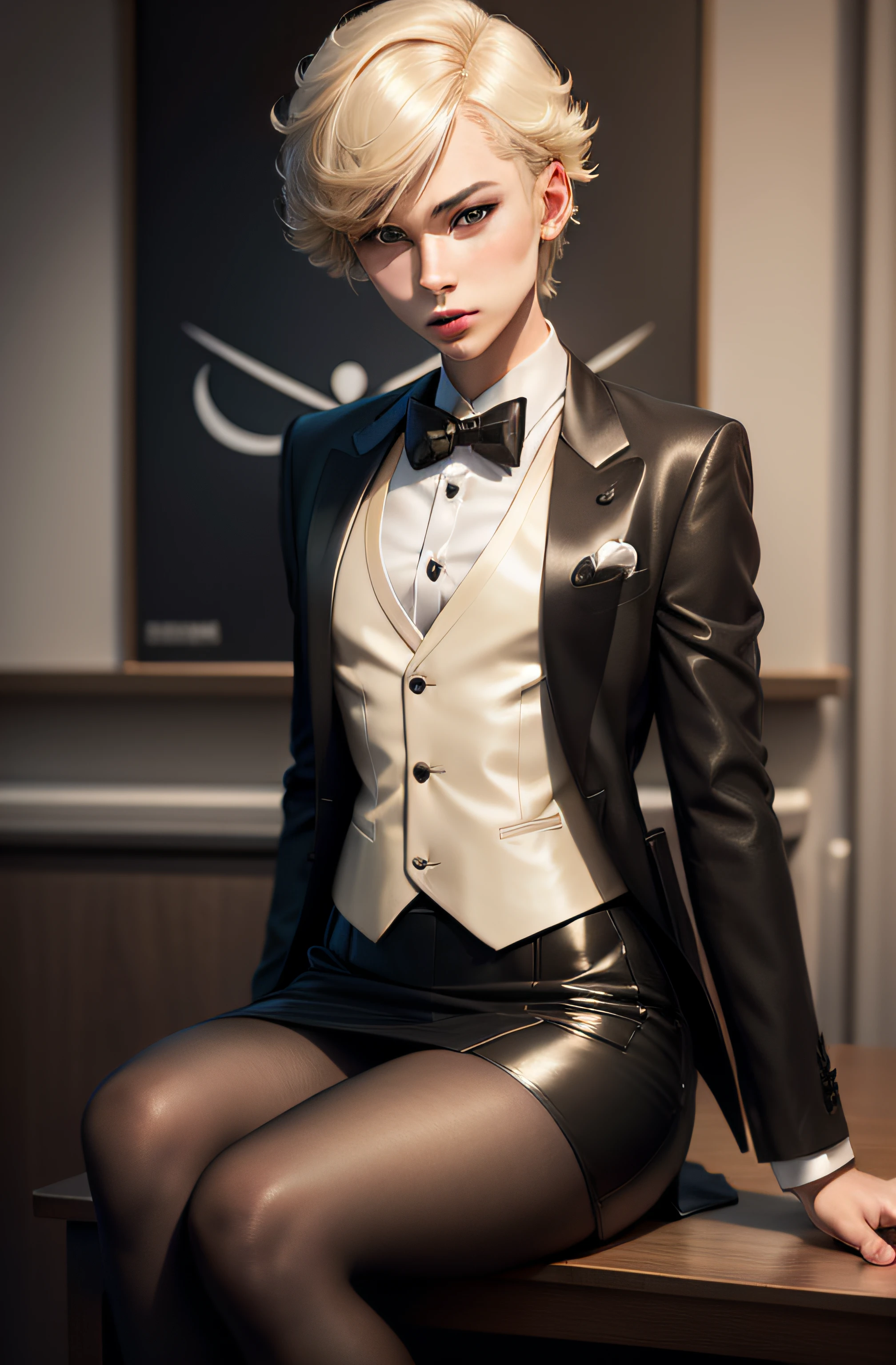 Blond woman in a black and white tuxedo sitting on a table - SeaArt AI