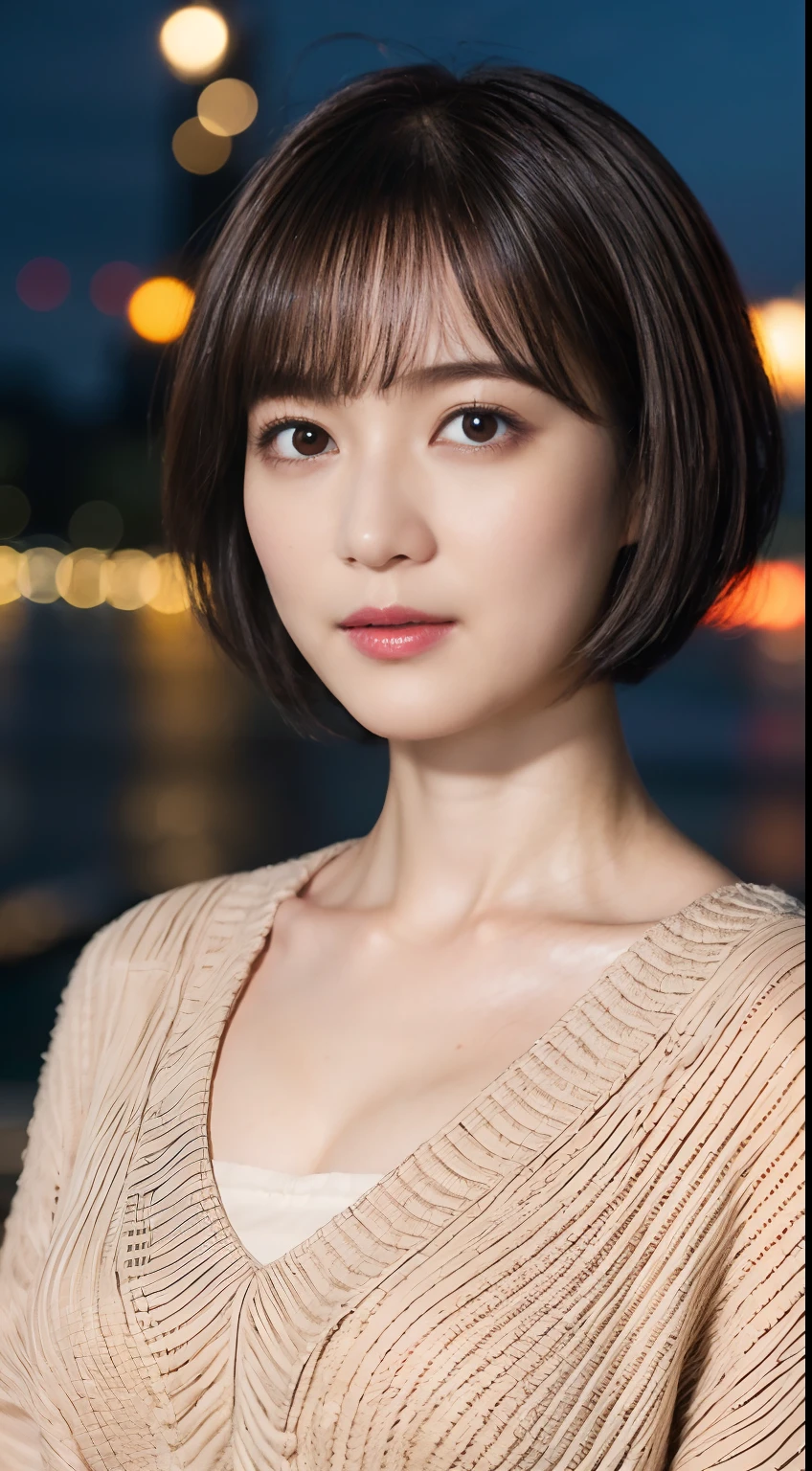 41
(Airy wavy short bob cut:1.23), (a 25yo woman), (A hyper-realistic), (masutepiece), (8KUHD), Being in the harbor at night, Medium chest