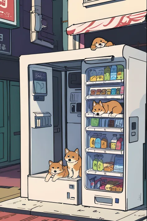 shiba inu,sleeping,animal,dog,shiba,sketch,sleeping on the top vending machine,