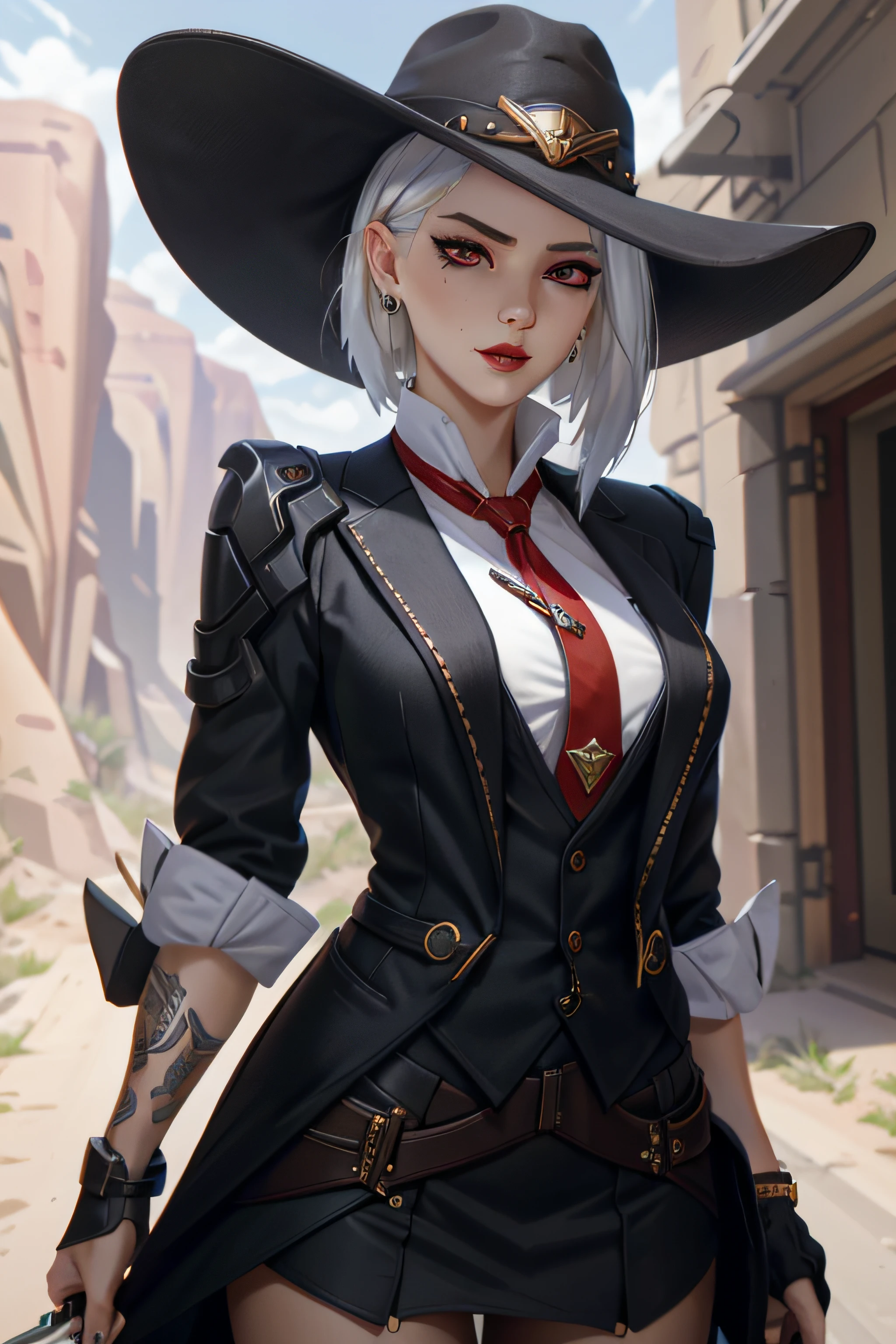 AsheOver, 1girl, solo, hat, mole above mouth, earrings, red eyes, jewelry, cowboy hat, makeup, lipstick, looking at viewer, necktie, white hair, asymmetrical hair, blurry, food, red necktie, stud earrings, mole, blurry background, red lips, nose, day, shirt, skirt suit, (((three-piece suit))), necktie, blazer, suit jacket, waistcoat, bodycon skirt, lips, mouth hold, eyeshadow, portrait, depth of field, short hair, outdoors, mascara, medium hair