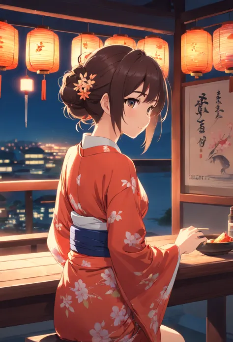 1girl, female, masterpiece, best detail, perfect body proportions, detailed art, view from behind, kimono, leaning over a table
