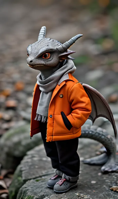 Cute ultra-small dragon with gray scarf orange down jacket, Lazy black bottoms, And in tiny little gray shoes,Little Dragon in the Wild,With dragon wings,a red dragon
