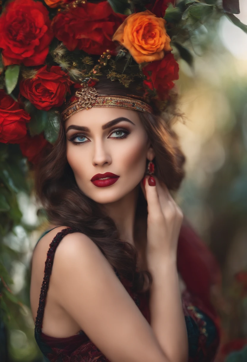 A woman with a flower crown on her head and red lipstick - SeaArt AI