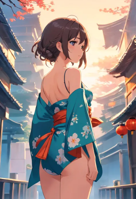 1girl, female, masterpiece, best detail, perfect body proportions, detailed art, view from behind, kimono, leaning over, beautiful ass, view from below, woman