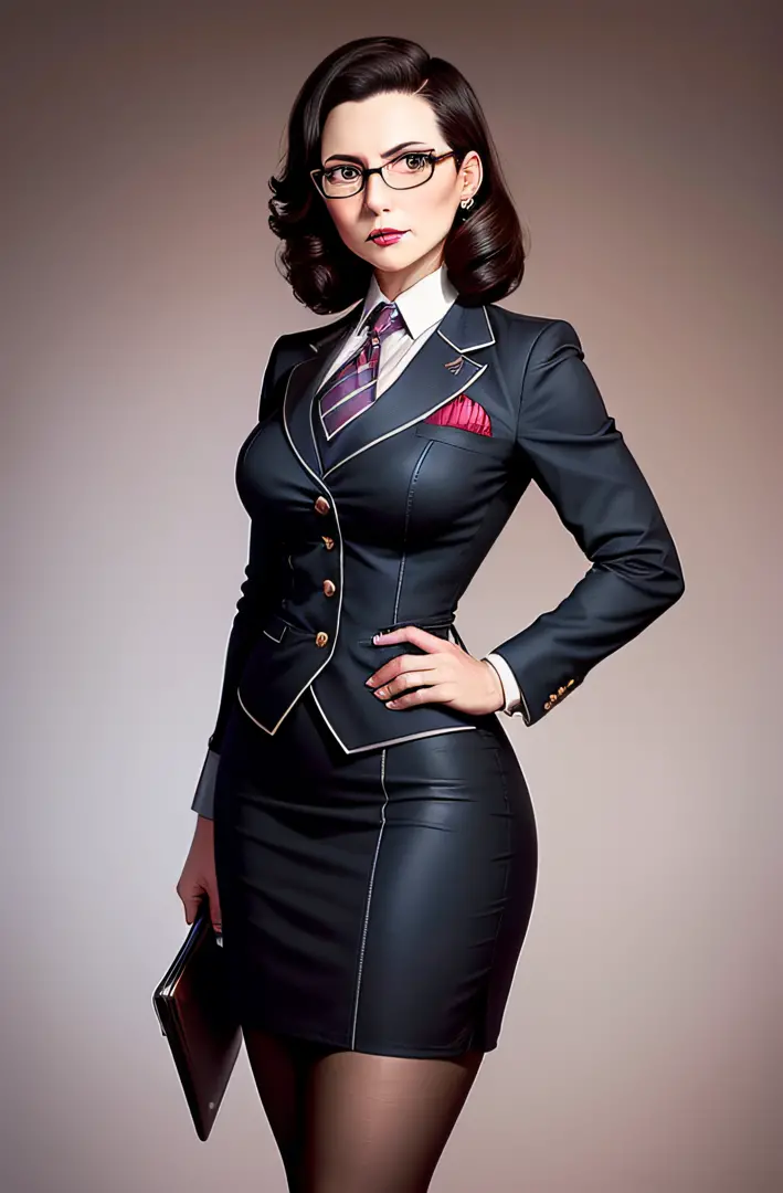 1 woman, elizabeth comstock, smug, superior, skirt suit, (((three-piece suit))), necktie, blazer, suit jacket, waistcoat, double...