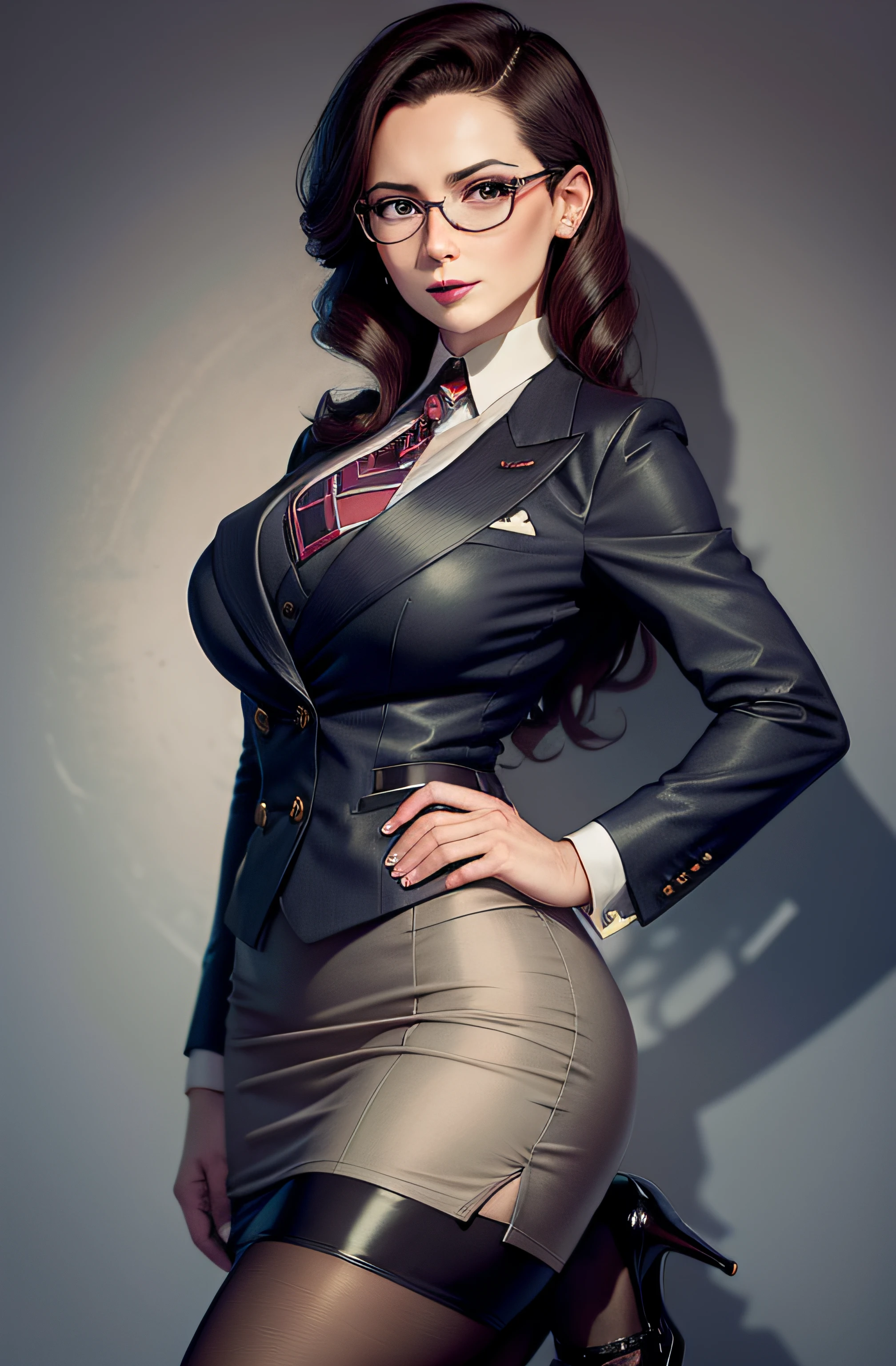 1 woman, elizabeth comstock, smug, superior, skirt suit, (((three-piece suit))), necktie, blazer, suit jacket, waistcoat, double-breasted waistcoat, bodycon skirt, pencil skirt, tie clip, pocket square, pocket watch, pantyhose, high heels, glasses, makeup, lipstick