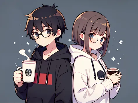 1 boy,1 girl,black short curly hair,glasses,white long hair,black mix with white hoodie,snow background,drink hot coffee