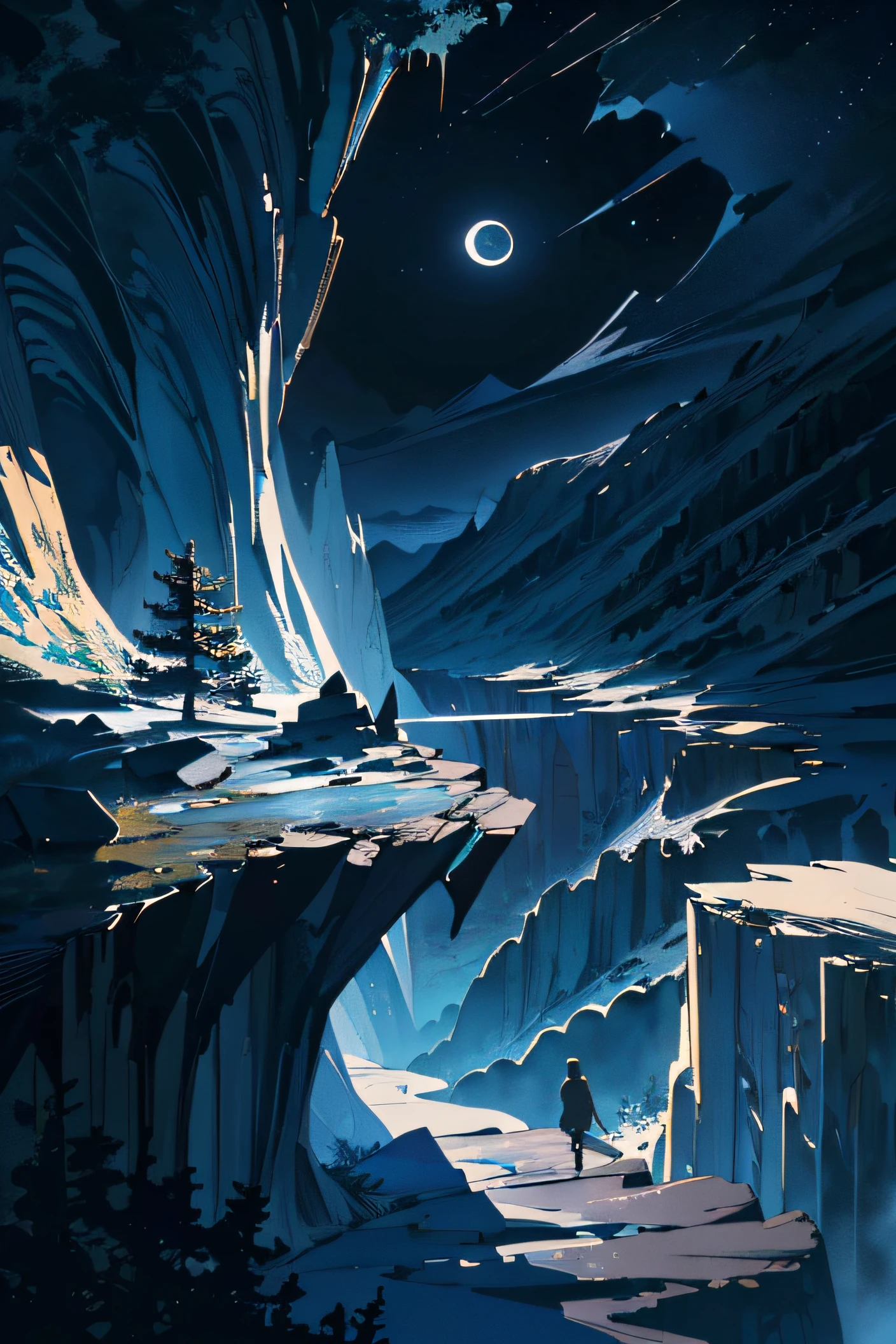 Very good 8KCG wallpapers, very fine 8K CG wallpaper, watercolor (medium), (((dark, Dark Night, Deep Night, the moon))) ((Sky color: dark blue)) (((Natural Background, rock formations, wood))), cliff, Mountain Summit ((plein air)) (((Character Deletion))) (((Excluding people))), Rough terrain
