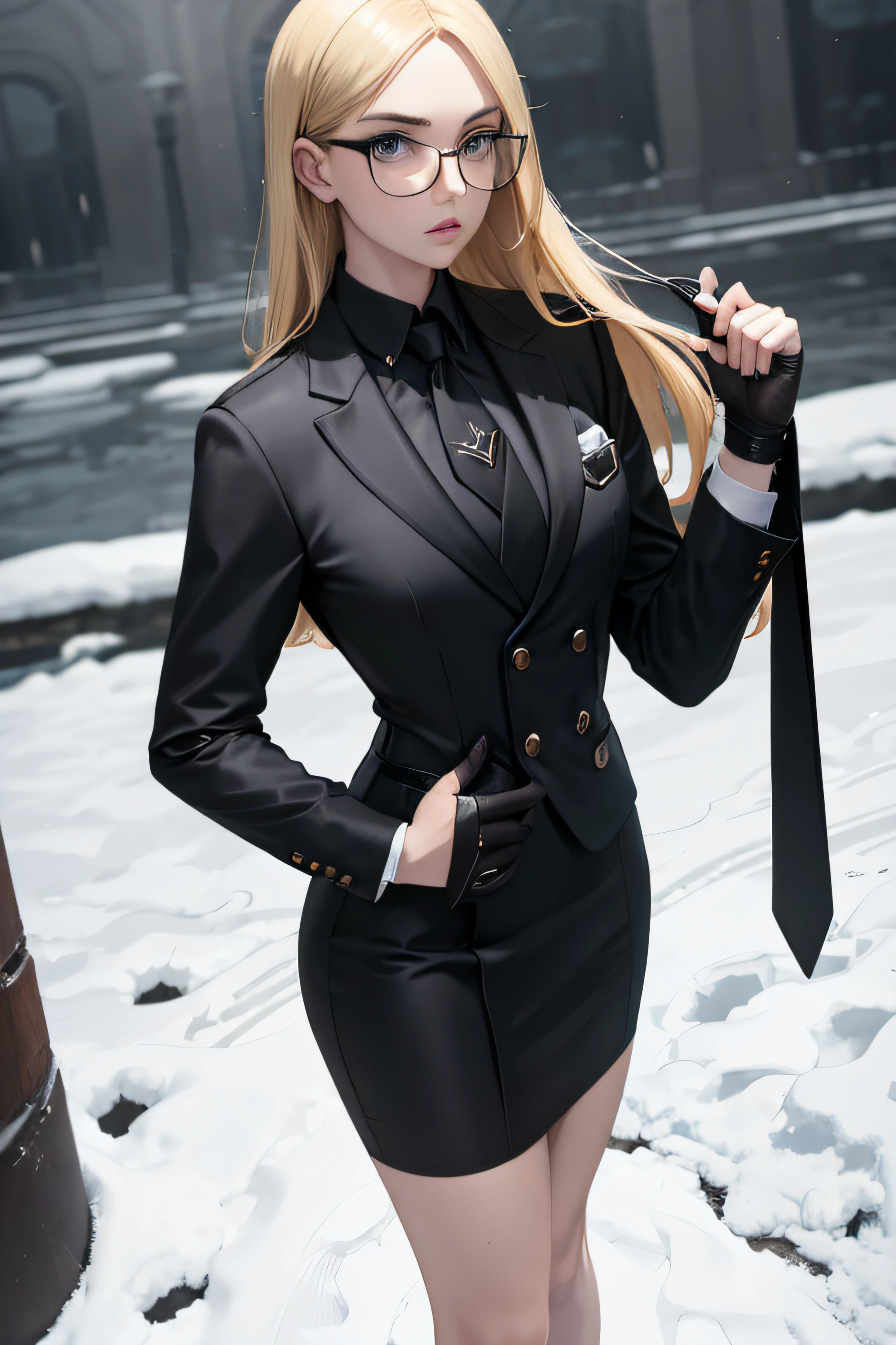 masterpiece, best quality, sfKolin, glasses, black shiny skirt suit, (((three-piece suit))), necktie, blazer, suit jacket, waistcoat, bodycon skirt, snow, grey sky, holding clipboard, furowed brow, serious, looking at viewer, standing