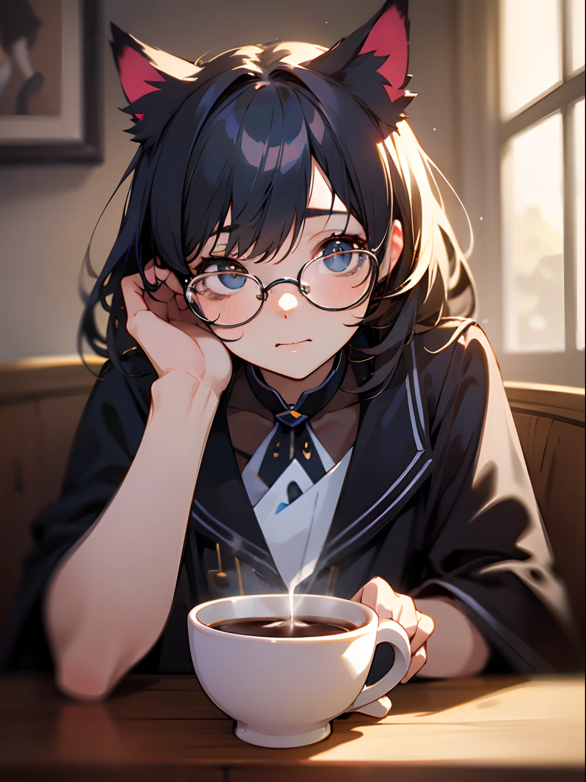 coffee shop, coffee, cat ear, Glasses Girl, masterpiece, bestquality, Exquisite Face, slim, face lights, Cinematic lighting, Professional lighting, brightly colored, crisp focus, highres, shooting imaging, hyperrealistic, ultra-detail, sharp details, finely detail, Colour Sank, Half body, kawaii,