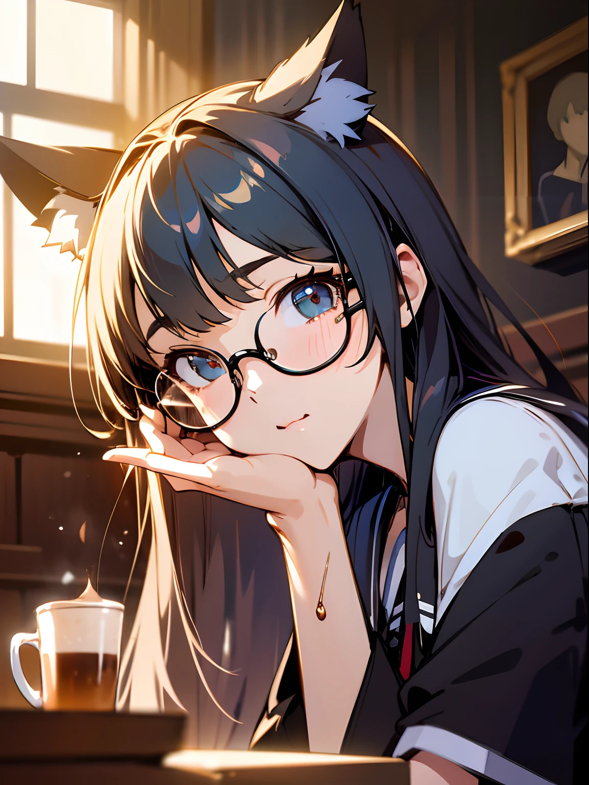 coffee shop, coffee, cat ear, Glasses Girl, masterpiece, bestquality, Exquisite Face, slim, face lights, Cinematic lighting, Professional lighting, brightly colored, crisp focus, highres, shooting imaging, hyperrealistic, ultra-detail, sharp details, finely detail, Colour Sank, Half body, kawaii,