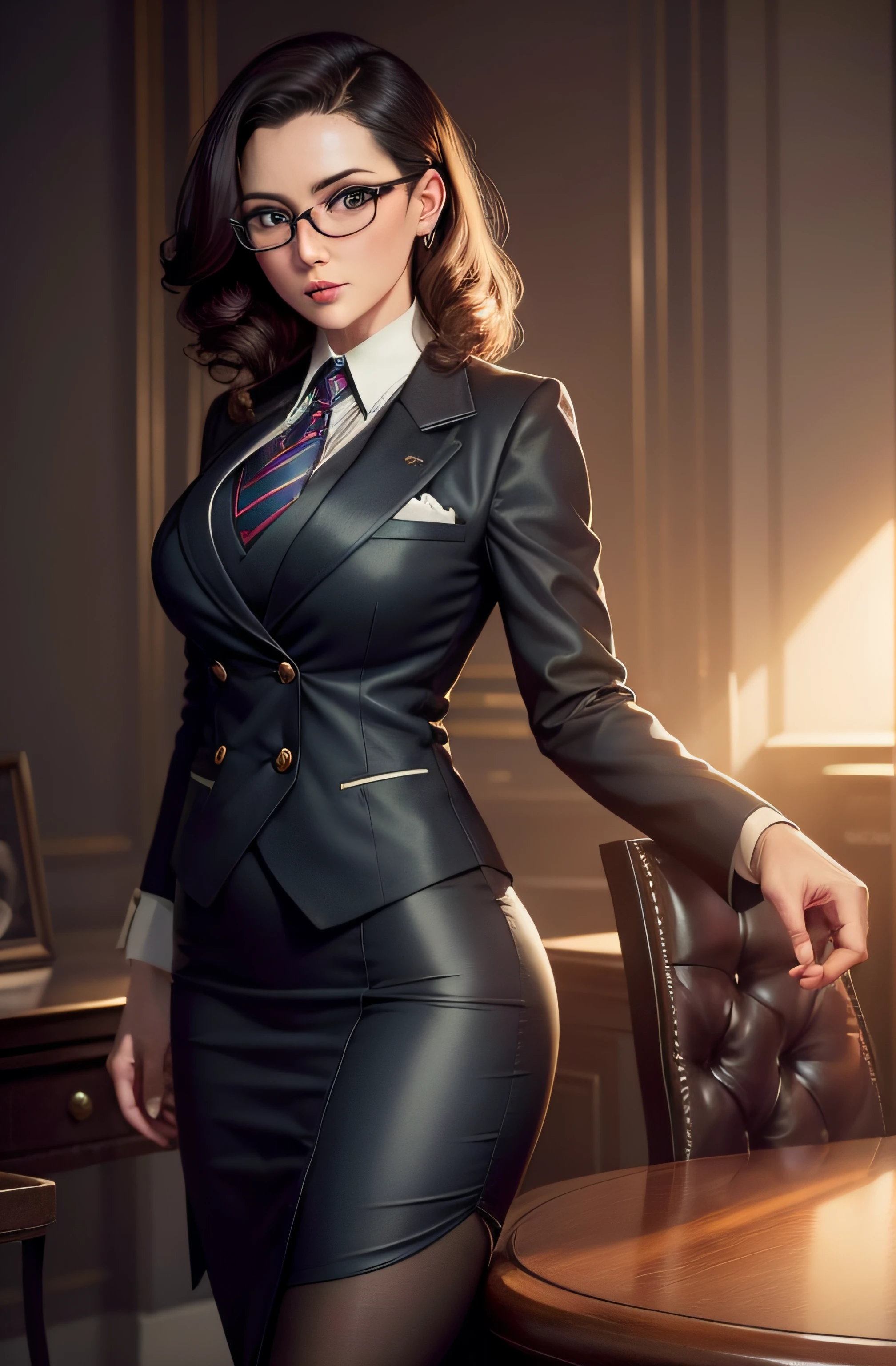 1 woman, elizabeth comstock, smug, superior, skirt suit, (((three-piece suit))), necktie, blazer, ((suit jacket)), ((waistcoat)), double-breasted waistcoat, bodycon skirt, pencil skirt, tie clip, pocket square, pocket watch, pantyhose, high heels, glasses, makeup, lipstick