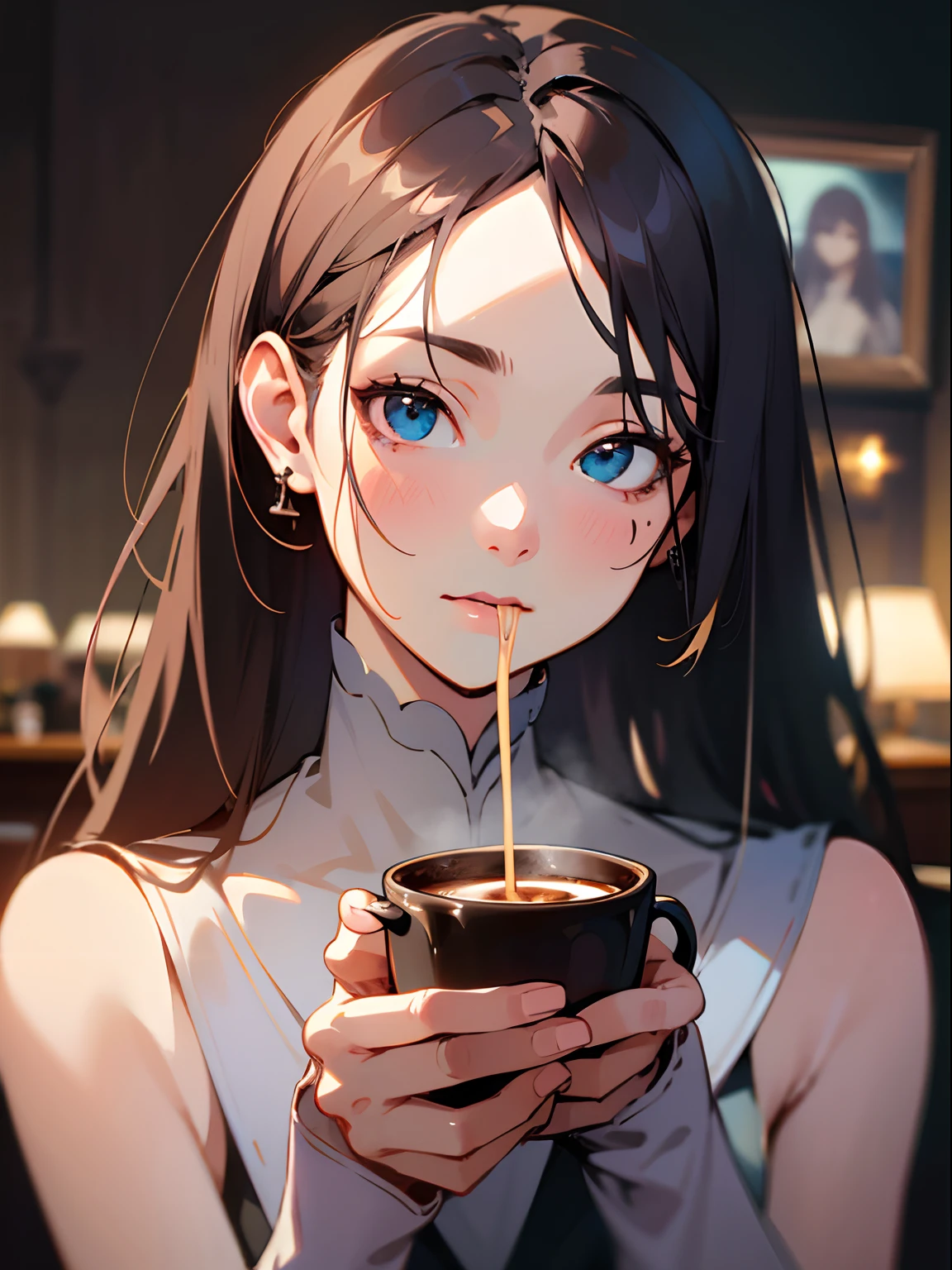 coffee shop, coffee, long-haired, masterpiece, bestquality, Exquisite Face, slim, face lights, Cinematic lighting, Professional lighting, brightly colored, crisp focus, highres, shooting imaging, hyperrealistic, ultra-detail, sharp details, finely detail, Sinking color, half body portrait, kawaii, full entire body,