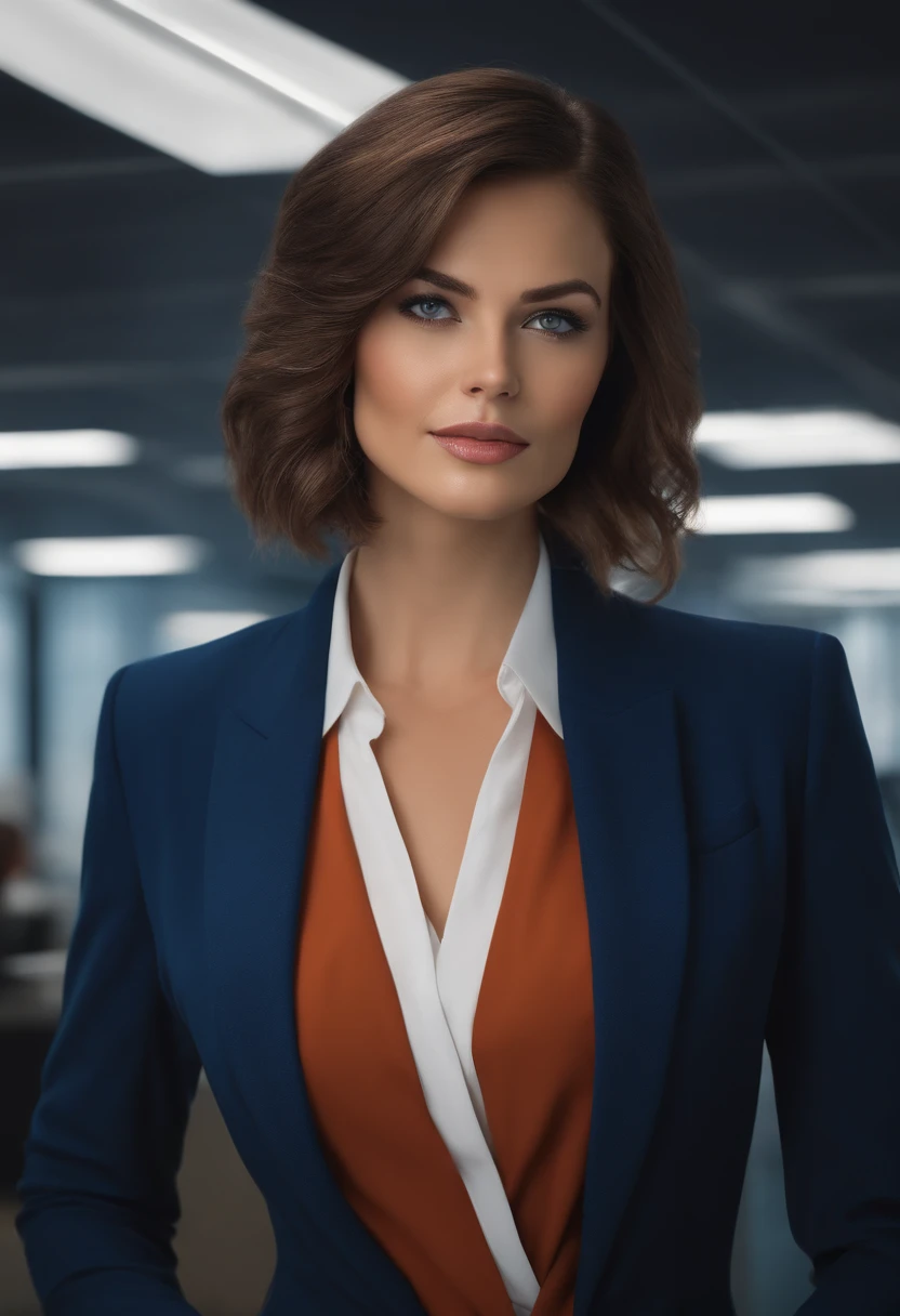 detailed background, office, best quality, 1 women , straight hair, short hair, blues eyes, business suit,