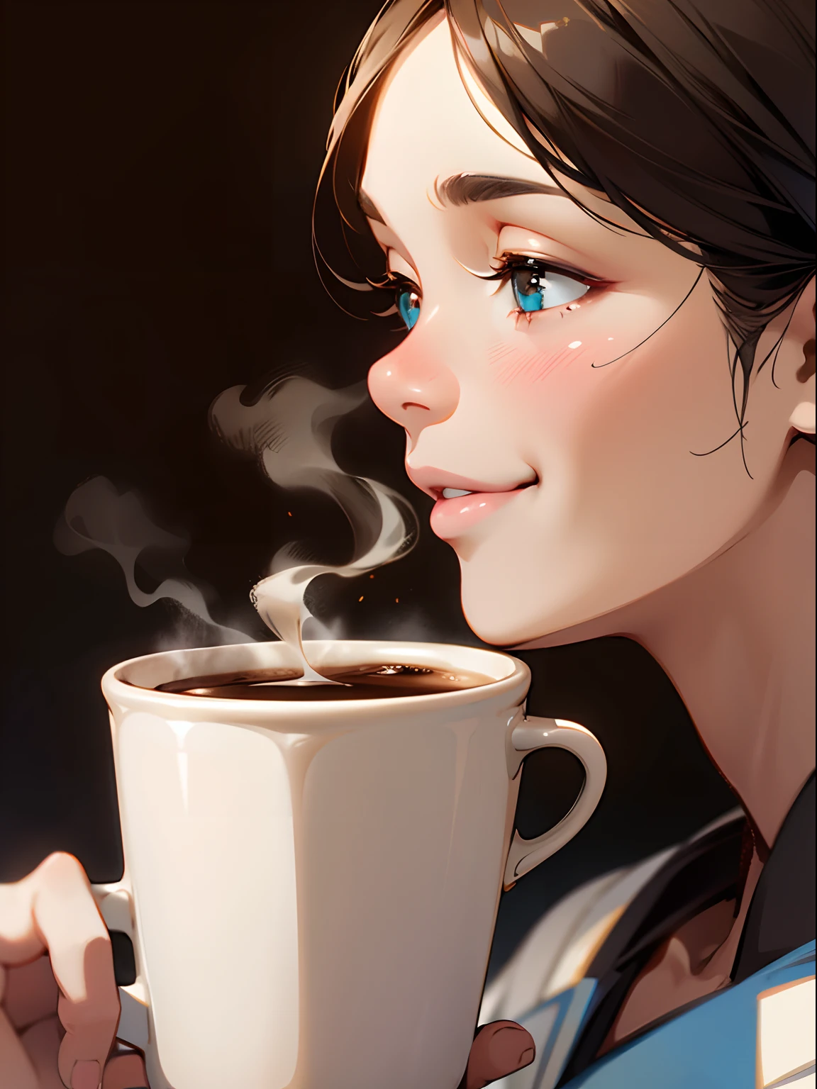 coffee shop, coffee, A masterpiece, bestquality, Exquisite Face, slim, face lights, Cinematic lighting, Professional lighting, brightly colored, crisp focus, highres, shooting imaging, hyperrealistic, ultra-detail, sharp details, finely detail, half body portrait, kawaii, full entire body, Coffee brewing, coffee, smirk,