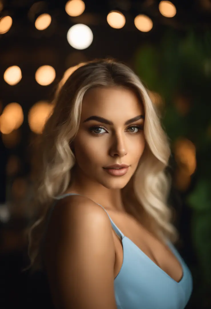 Latino blonde woman with matching tank top and skirt posing in a nightclub, fille sexy aux yeux bleus, Portrait Sophie Mudd, blur background, Best quality, 1fille, Portrait de Corinna Kopf, cheveux blonds et grands yeux, selfie of a young woman, ohne Maqui...
