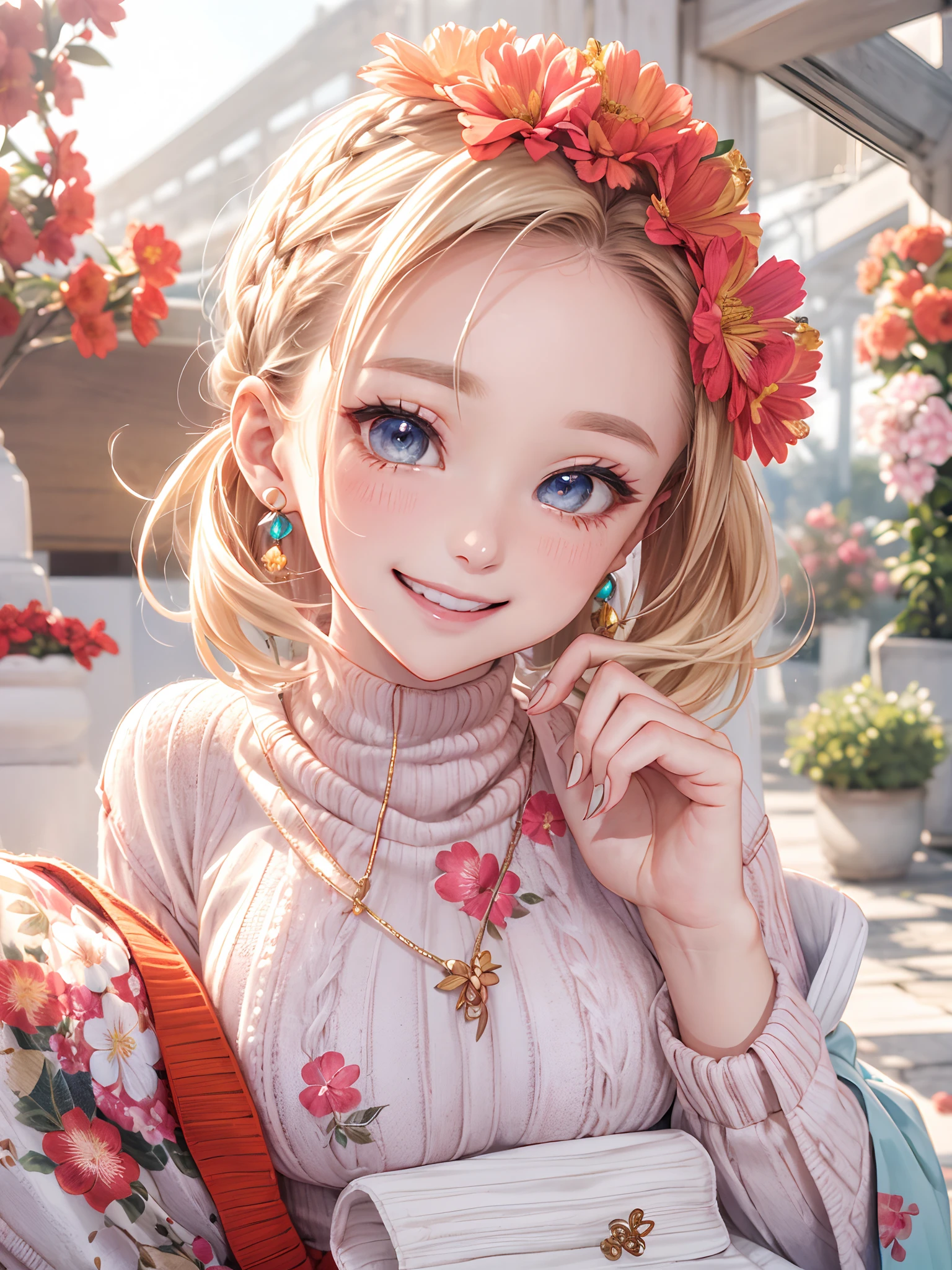 absurderes, ultra-detailliert,bright colour, extremely beautiful detailed anime face and eyes, view straight on, ;D, shiny_skin,25 years old, Short hair, (Forehead:1.3), Blonde hair with short twin tails, Shiny hair, Delicate beautiful face, red blush、(cyan eyes:1.2), White skin, hair clips, earrings, a necklace, (Red High Neck Knit:1.5),(Happy smile:1.4),(Floral long skirt:1.3),Beautiful cloud,(Pink pumps),Dusk sky,(Lots of Higanbana:1.5),Full body