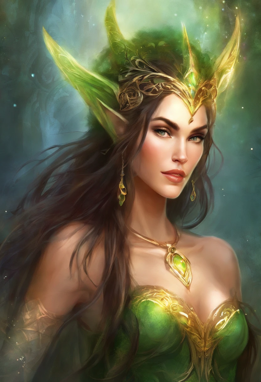 A woman with horns and a green dress is standing in front of a dark  background - SeaArt AI