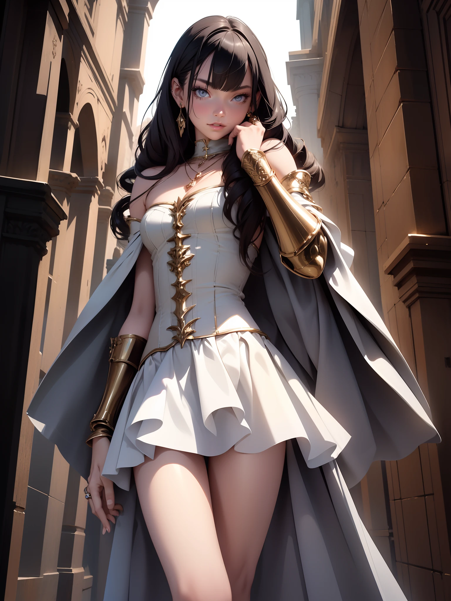 Cute girl in fantastic surroundings, with detailed armor and weapons, High-resolution rendering with realistic textures, Number of storeys and lighting, makeup, mascara, The lips are soft or colored, plain black background, minimalism, monotonous, Simple color palettes, puro, Clear design, Flowing silhouettes, skirts, skirts, Simple dresses, Sbikini, asymmetric, geometric, Elegant and luxurious materials and design, simple, Minimum accessories, Necklaces and thin rings made of silver or gold, Simple bracelets, Distinctive design, Simple silhouettes, Simple and sophisticated style, elegance, minimalism, High-quality materials, haute couture, Simplicity and sophistication,