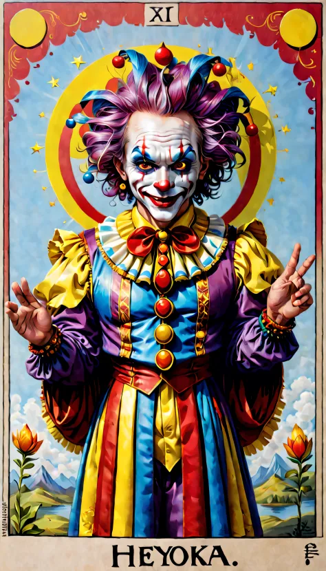 Tarot Card of ("The Heyoka") - sacred clown, indigenous wisdom, trickster archetype, colorful attire, playful expression, spiritual guidance, unconventional energy, harmonious balance, energetic presence, (The Joker), tarot playing card