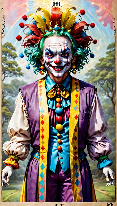 Tarot Card of ("The Heyoka") - sacred clown, indigenous wisdom, trickster archetype, colorful attire, playful expression, spiritual guidance, unconventional energy, harmonious balance, energetic presence, (The Joker), tarot playing card