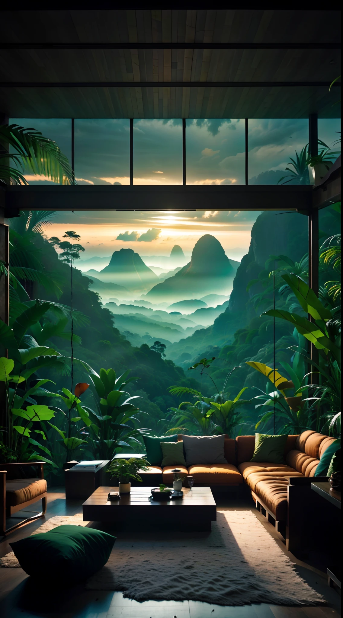 Living room with a view of a mountain and a forest, mountainous jungle setting, jungle setting, Like a scene from Blade Runner, magical ambiance, pintura escura ultrarrealista, in a jungle environment, pleasant environment, cloud forest, beautiful jungle, moody environment, lush jungle, Inside an alien jungle, plants and jungle, rainforest mountains, relaxing environment