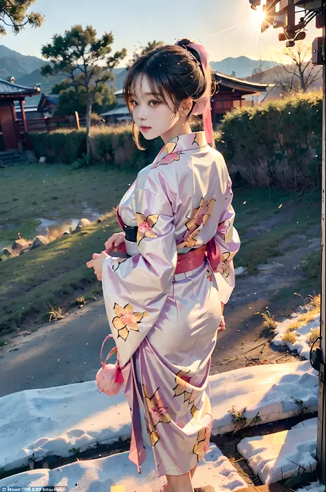 Setting.
Screen Title："A girl in a kimono stands in a rice field with a blank expression" With a sad look, He looked up at the s...