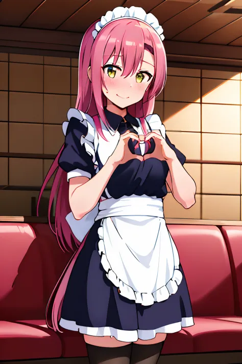 masterpiece, best quality, highres, gotou1, gotou hitori, solo, bangs, hair between eyes, short sleeves, maid, maid headdress, medium breasts, standing, restaurant, heart, heart hands, shaded face, sweatdrop, cowboy shot,