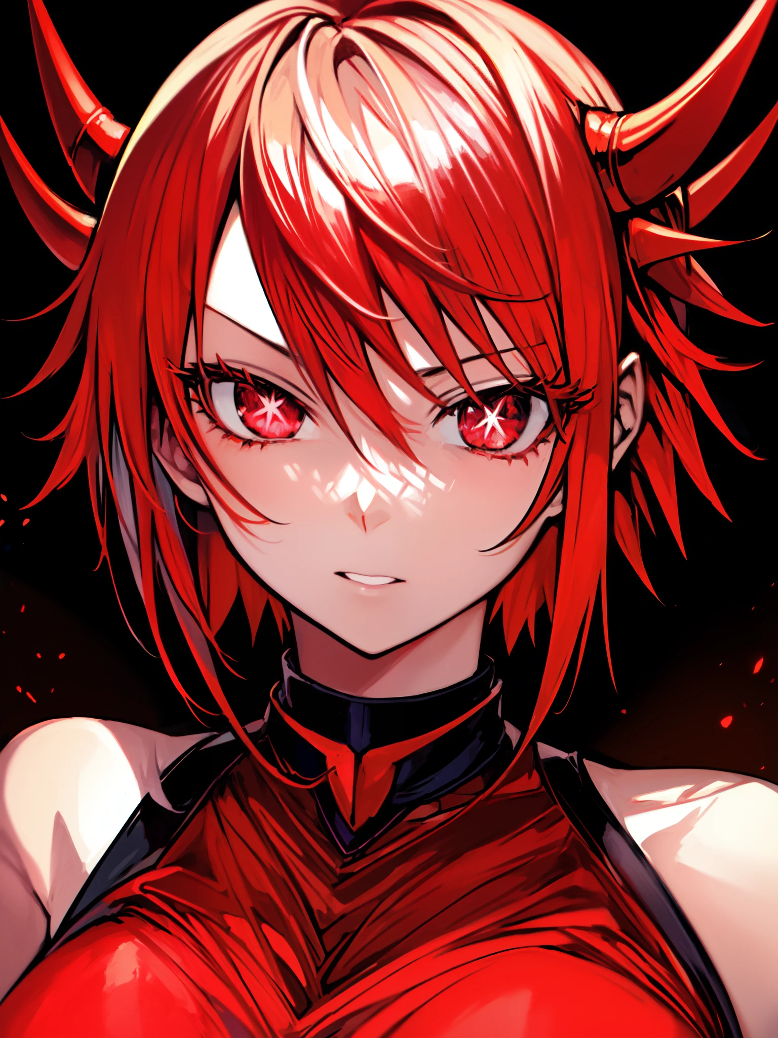 ruteko_(ruko220), ((spiked hair)), ((monster girl)), two horns, ((red hair)), ((short hair)), ((star-shaped pupils), bright red eyes, angry expression, upper body, portrait, mature female, complementary colors, ((light skin)), 1girl, beautifully drawn, high resolution illustration, best quality, High definition, detailed anime sketch, Masterpiece, (solo), absurdres, detailed background, fine detail, female focus, HDR,