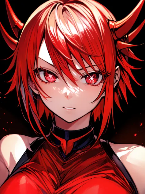 ruteko_(ruko220), ((spiked hair)), ((monster girl)), two horns, ((red hair)), ((short hair)), ((star-shaped pupils), bright red ...