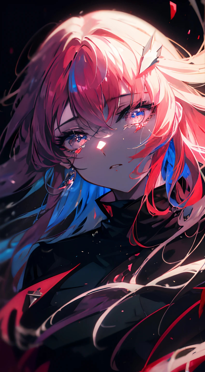 (anime girl, hurt), detailed eyes, detailed lips, tears streaming down her face, wounded expression, flowing hair, vibrant colors, dynamic pose, dramatic lighting, dark background, emotional atmosphere, high contrast, digital painting style, melancholic color palette