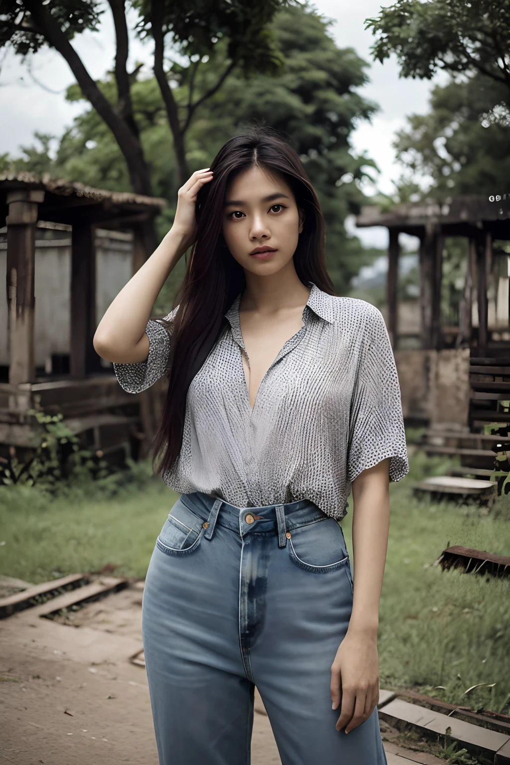 Thai Woman, look at viewer, long hair, shirt, jeans, cloud, day, sky,outdoors, post-apocalypse, ruins, scenery, tree, water,