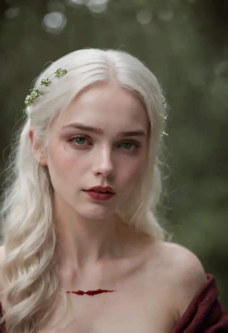 NSFW (((a deep reddish wound crosses her left cheek))) fair complexion, woman around 19 years old, natural white hair, distinctive green eyes, NUDE, slender and graceful, beautiful, candlelight in a medieval setting, ultra sharp focus, realistic shot, tetr...