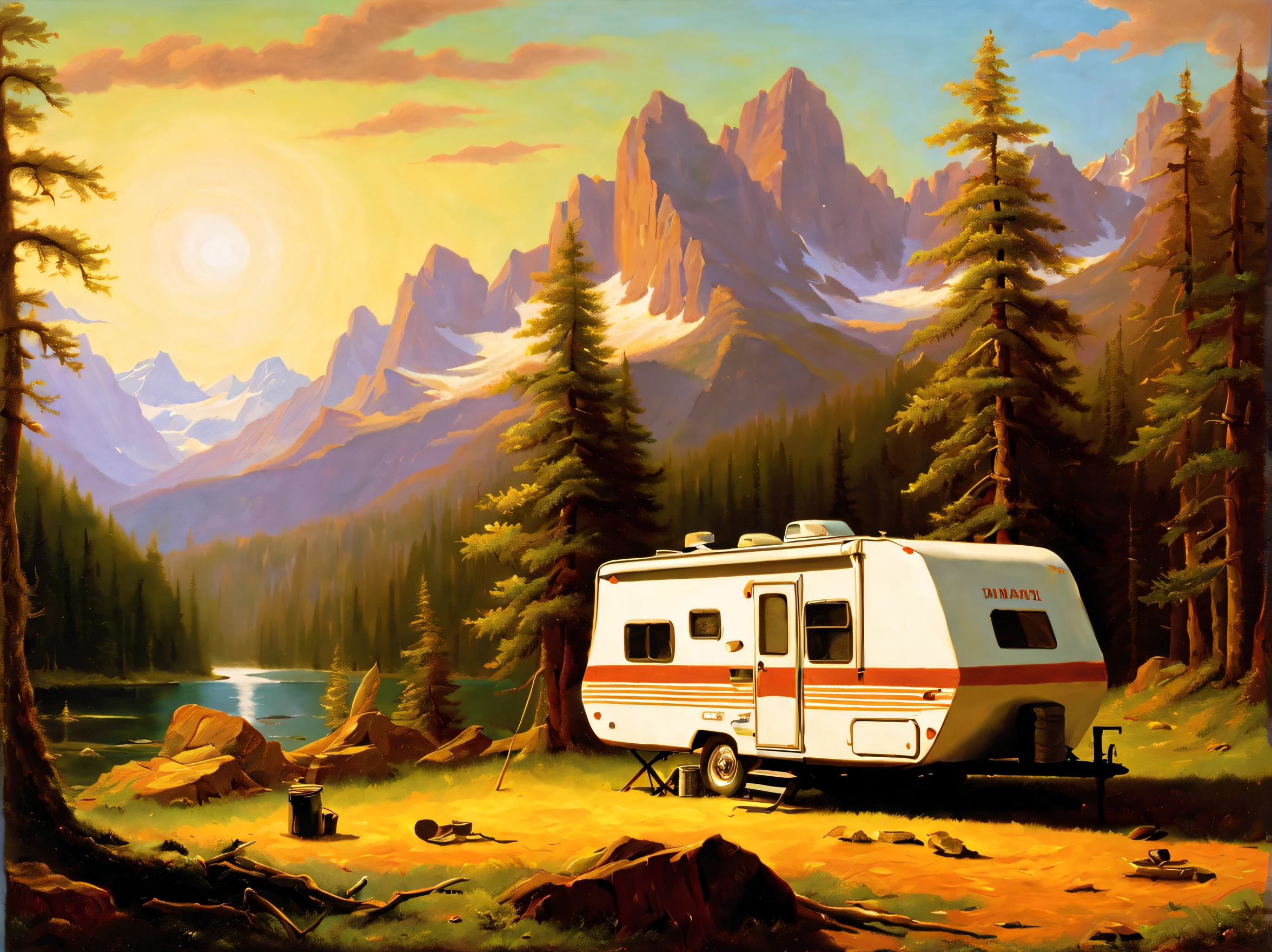 Camping mit dem Wohnmobil，Pop-Art，Albert Bierstadt，Tolle Outdoor-Aktivitäten，Nahaufnahme，Prime Time，