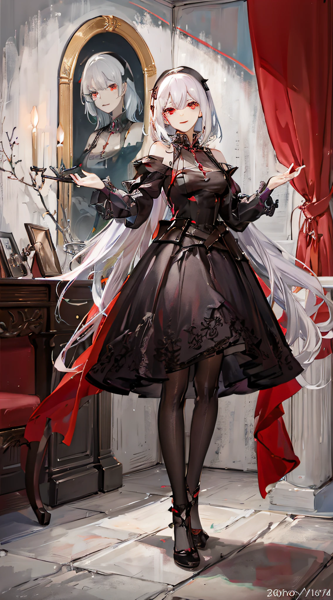 girl,full body,(detailed face:1.2), masterpiece, fashion,medieval dark goth long dresses,long hair,White hair + red eyes + fangs, vampire, wide smiles, playfully, empty hand, 26 years old, untidy bangs