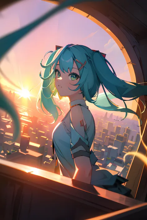 ((Masterpiece))((SFW))
(Best_Quality)
(Fisheye) (AB_over)
(blurry_Background) (depth_de_field)
(caustics)
(exteriors) (rooftop) (Sunset) (Backlighting) (Sunlight)
                                 (hatsune miku) (twintails)
(parted_lips)