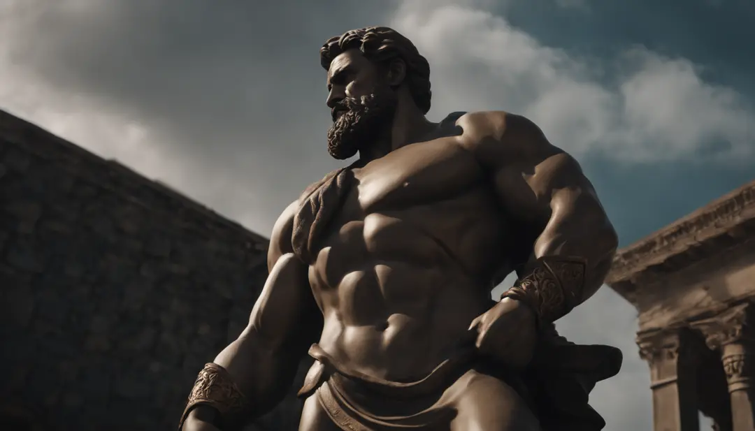 close up of a statue of a man with a beard, a statue inspired by Exekias, featured on zbrush central, digital art, statue of hercules looking angry, muscular character, realistic 8k bernini sculpture