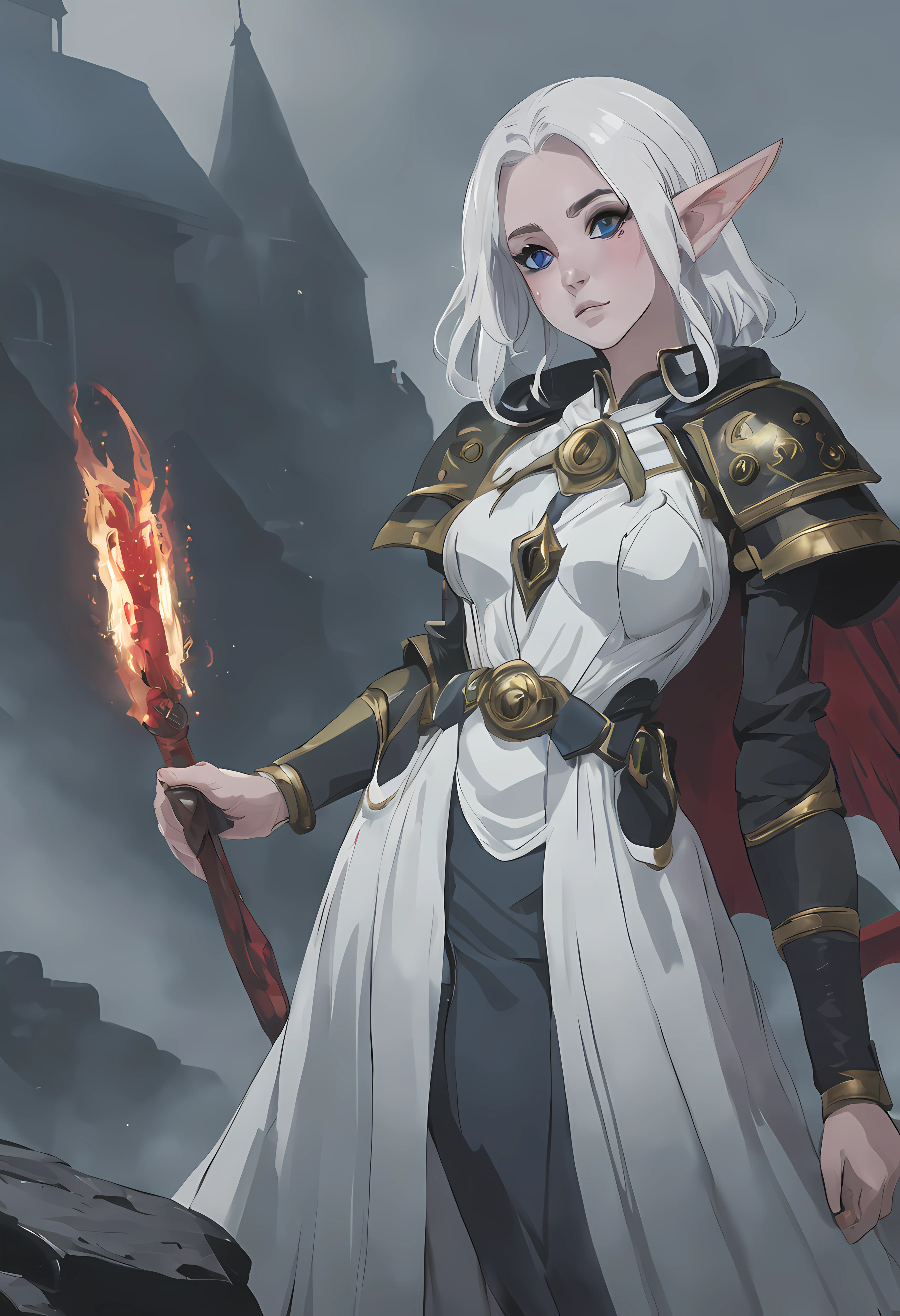 (masterpiece), best quality, expressive eyes, perfect face, Dark ((1person)), ((1woman)), hair, short bob cut hair, Realistic, warrior, black and red colour pallete, fantasy, Hair tucked behind ear, side show, Pale white skin, blue eyes, freckles, elf ears, 1woman, female, pretty, tall, dark robes, armour, fully clothed, muted colours, brush strokes, realism, Dark fantasy style art, Beautiful necromancer, baldurs gate 3, By Yang J.