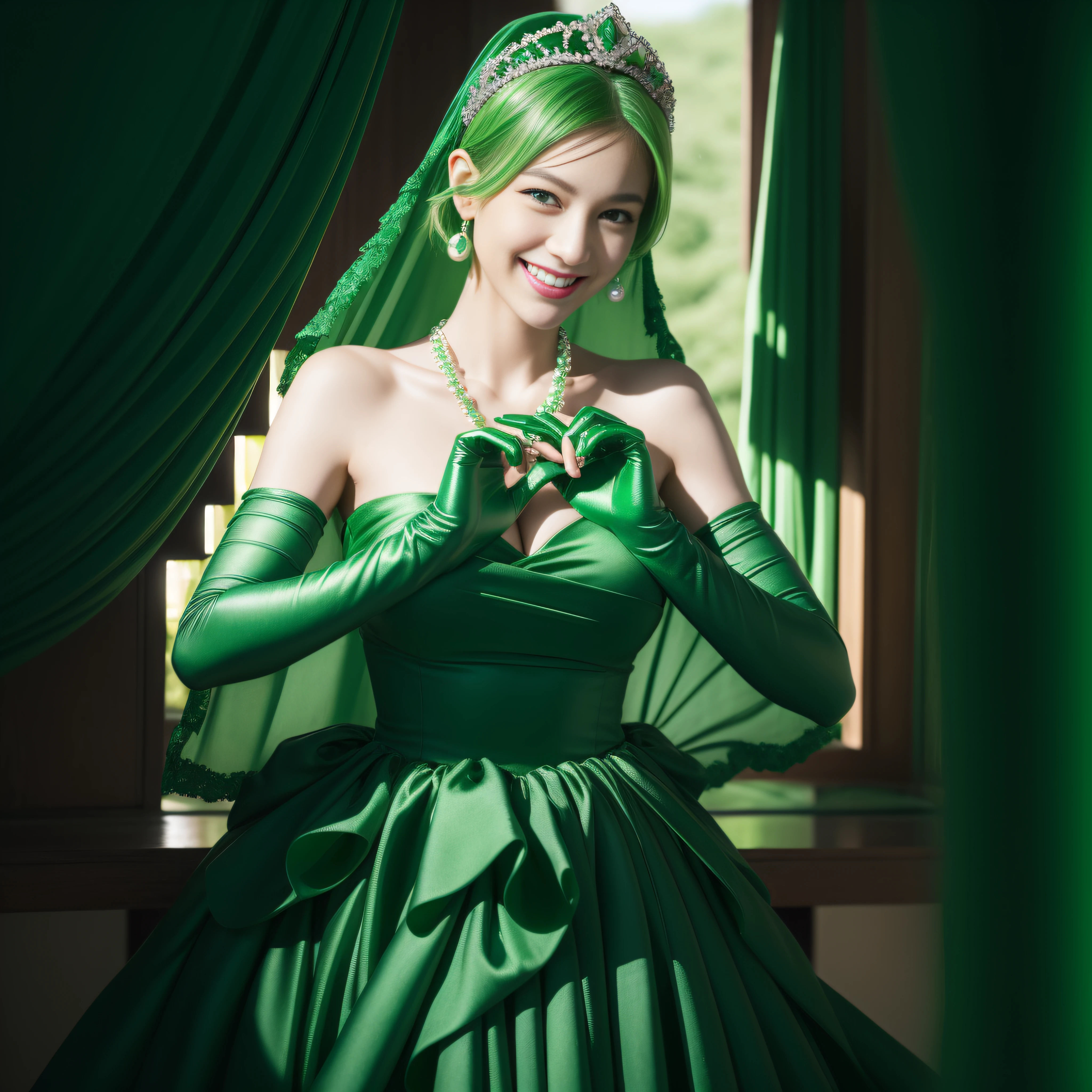 emerald tiara, Green Pearl Necklace, Boyish very short green hair, lipsticks, Japan woman smiling, very short short hair,  big breasts beautiful, Green eyes, Long green gloves made of satin material, Green eyes, Emerald Earrings, green vale, Heart with both hands,Green hair