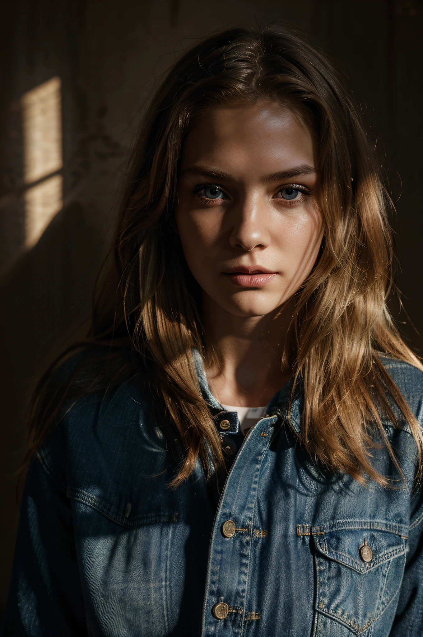 Best Quality, Masterpiece, extra high resolution, (Photorealistic:1.4), RAW photo, 1girl, hairlong, Golden hair, Detailed eyes and face, denim jacket, dinamic lighting, around dark, deep shadow, Low key, Cowboy shot